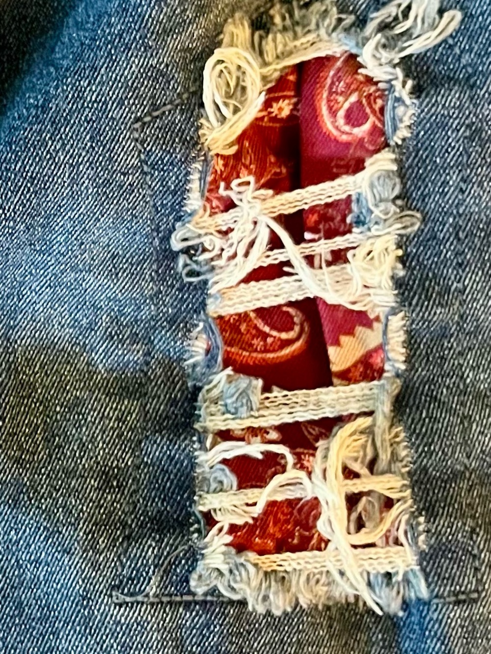 Distressed Dark Blue Jeans with Red Paisley Patches by C Est. 1946, Stretchy - Picture 13 of 15